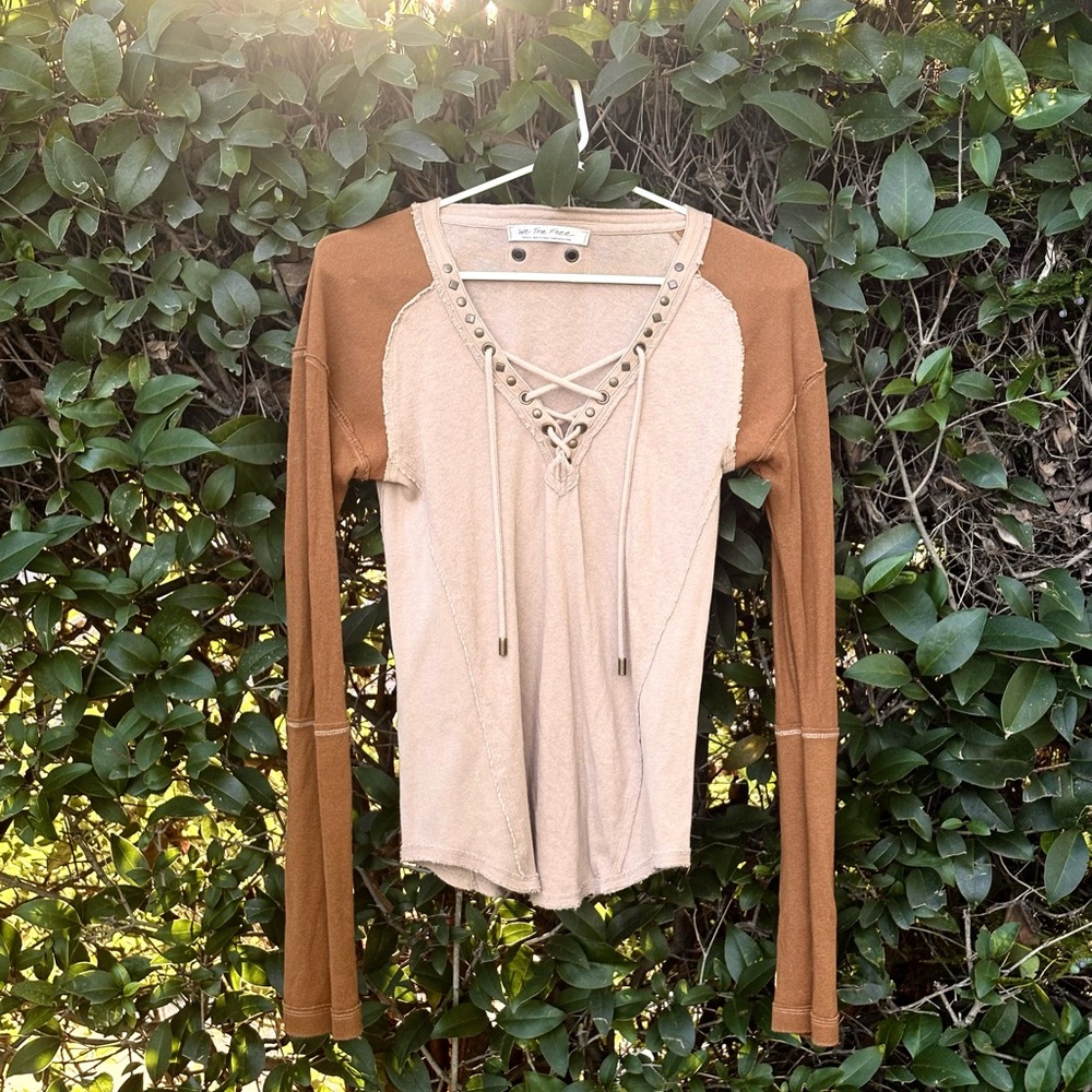 We the Free orange and Cream Lace-Up Women's Top